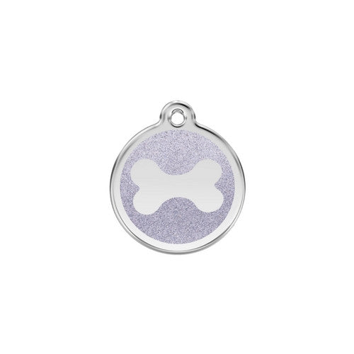 Red Dingo Glitter Bone Stainless Steel Dog ID Tag Small Silver