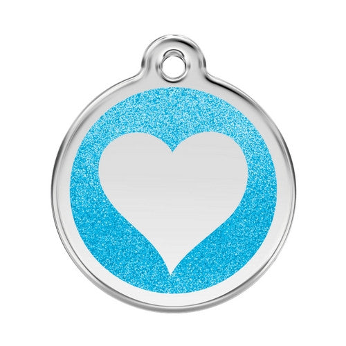 Red Dingo Glitter Heart Stainless Steel Dog ID Tag Large Aqua