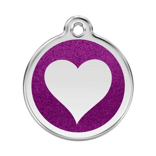 Red Dingo Glitter Heart Stainless Steel Dog ID Tag Large Purple