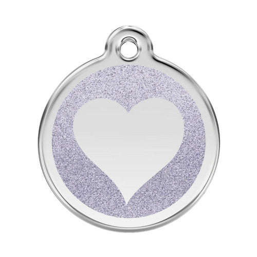 Red Dingo Glitter Heart Stainless Steel Dog ID Tag Large Silver