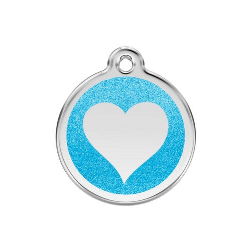 Red Dingo Glitter Heart Stainless Steel Dog ID Tag Medium Aqua