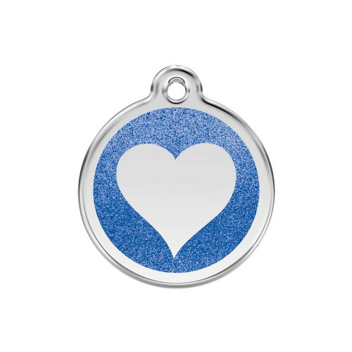 Red Dingo Glitter Heart Stainless Steel Dog ID Tag Medium Dark Blue