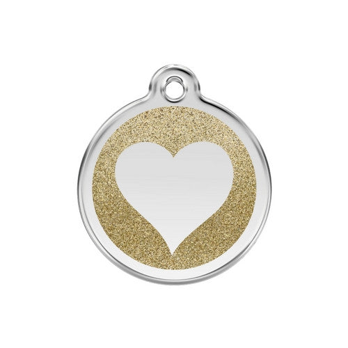 Red Dingo Glitter Heart Stainless Steel Dog ID Tag Medium Gold