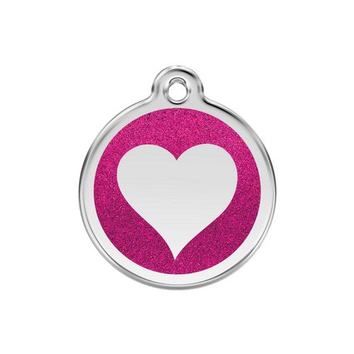 Red Dingo Glitter Heart Stainless Steel Dog ID Tag Medium Hot Pink