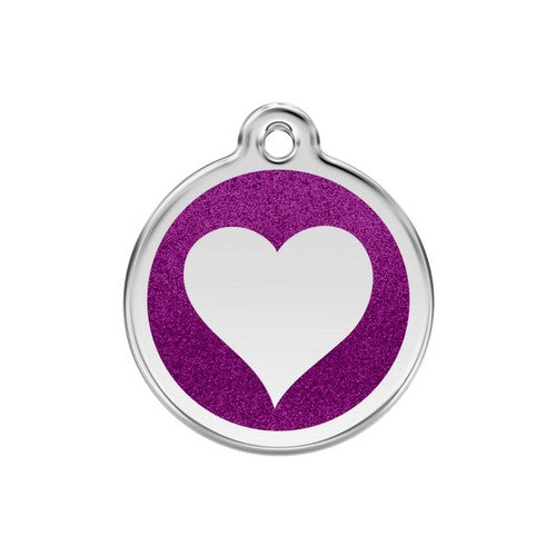 Red Dingo Glitter Heart Stainless Steel Dog ID Tag Medium Purple
