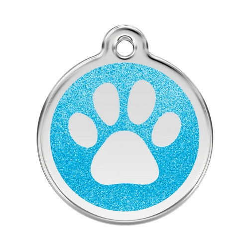 Red Dingo Paw Print Glitter Stainless Steel Dog ID Tag Large Aqua