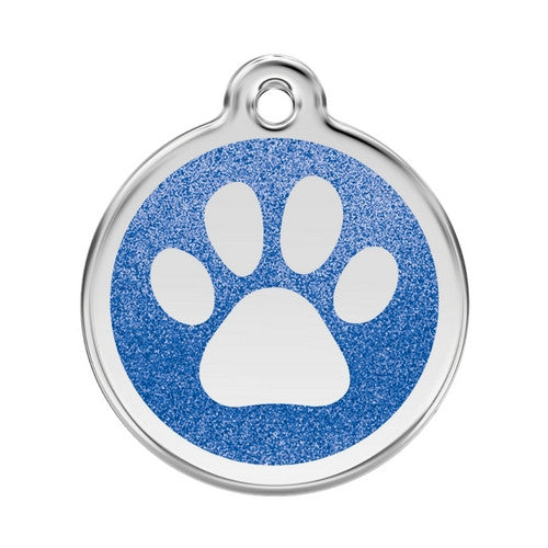 Red Dingo Paw Print Glitter Stainless Steel Dog ID Tag Large Dark Blue