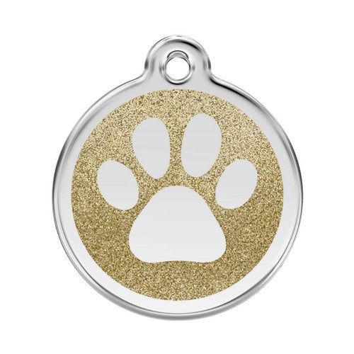 Red Dingo Paw Print Glitter Stainless Steel Dog ID Tag Large Gold