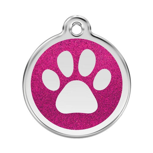 Red Dingo Paw Print Glitter Stainless Steel Dog ID Tag Large Hot Pink
