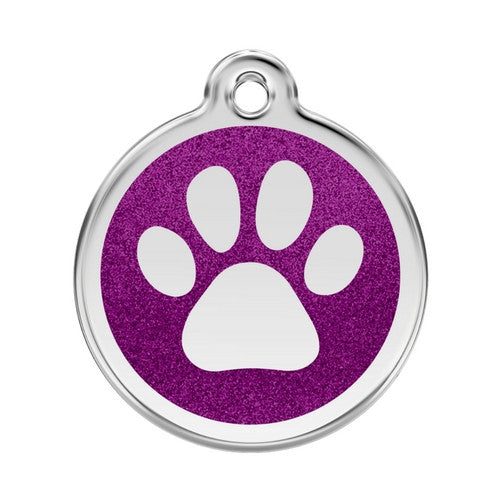 Red Dingo Paw Print Glitter Stainless Steel Dog ID Tag Large Purple