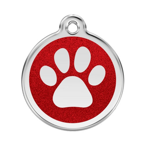 Red Dingo Paw Print Glitter Stainless Steel Dog ID Tag Large Red
