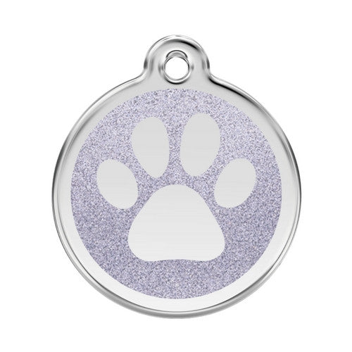 Red Dingo Paw Print Glitter Stainless Steel Dog ID Tag Large Silver