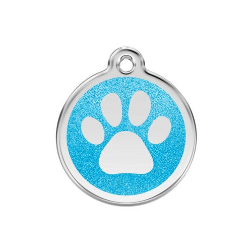 Red Dingo Paw Print Glitter Stainless Steel Dog ID Tag Medium Aqua