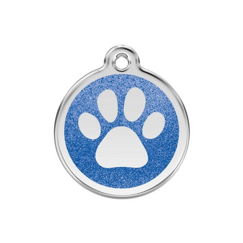 Red Dingo Paw Print Glitter Stainless Steel Dog ID Tag Medium Dark Blue