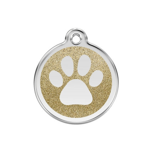 Red Dingo Paw Print Glitter Stainless Steel Dog ID Tag Medium Gold