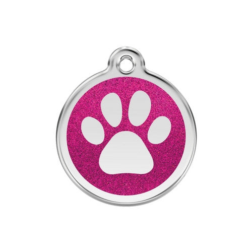 Red Dingo Paw Print Glitter Stainless Steel Dog ID Tag Medium Hot Pink