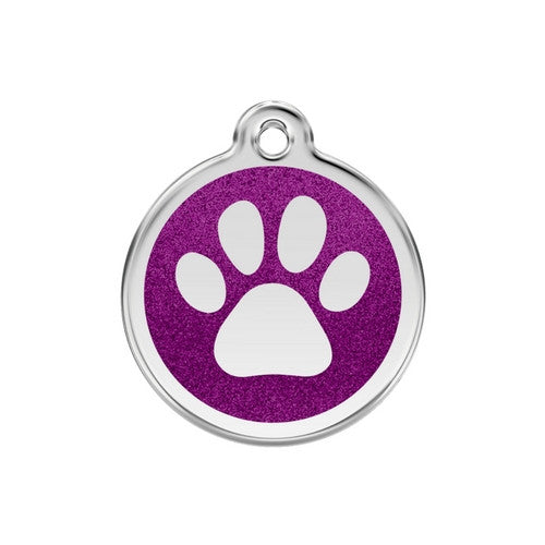 Red Dingo Paw Print Glitter Stainless Steel Dog ID Tag Medium Purple
