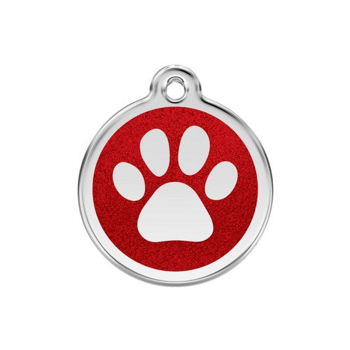 Red Dingo Paw Print Glitter Stainless Steel Dog ID Tag Medium Red