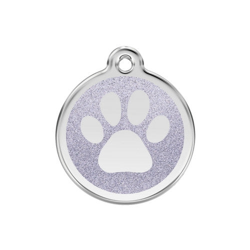 Red Dingo Paw Print Glitter Stainless Steel Dog ID Tag Medium Silver