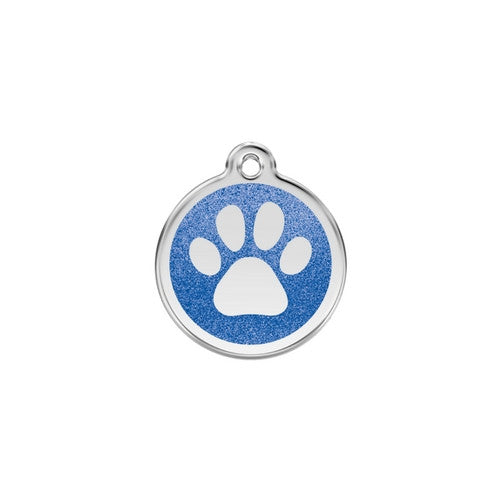 Red Dingo Paw Print Glitter Stainless Steel Dog ID Tag Small Dark Blue