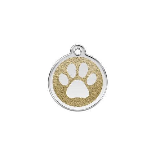 Red Dingo Paw Print Glitter Stainless Steel Dog ID Tag Small Gold