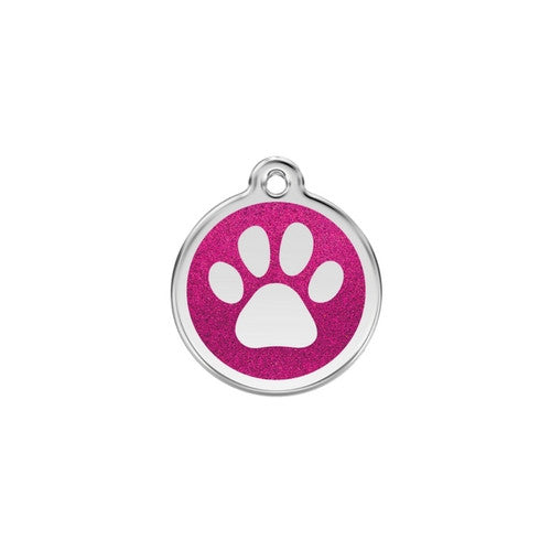 Red Dingo Paw Print Glitter Stainless Steel Dog ID Tag Small Hot Pink