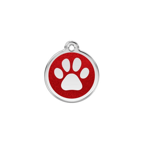 Red Dingo Paw Print Glitter Stainless Steel Dog ID Tag Small Red