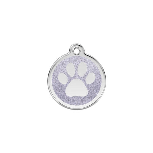 Red Dingo Paw Print Glitter Stainless Steel Dog ID Tag Small Silver