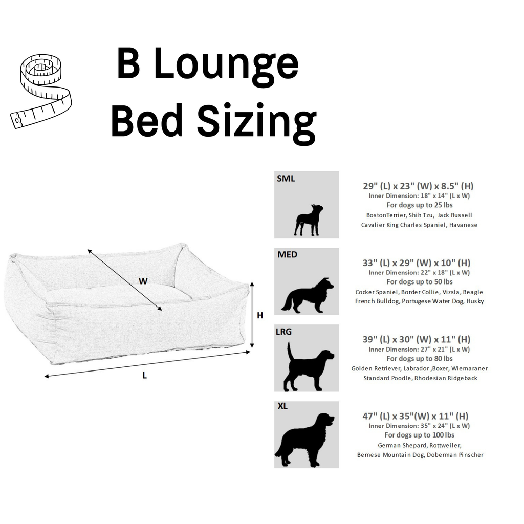 Bowsers B Lounge dog bed size chart with dimensions and recommended dog weights