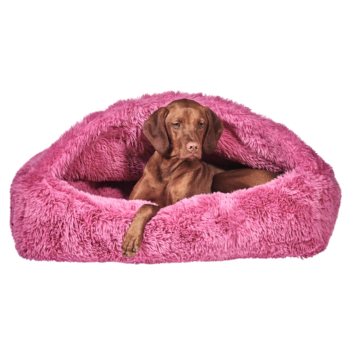 Dog curled up inside Canopy Cozy burrow dog bed in Cherry Blossom faux fur fabric