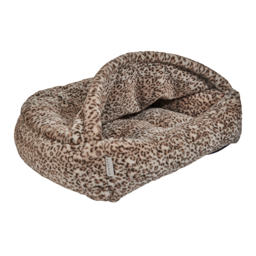 Luxury faux fur cave-style dog bed with scooped front entry in Leopard faux fur fabric