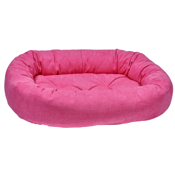 Bowsers Donut Dog Bed with oval bolster design in Flamingo performance washed cotton