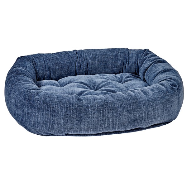 Bowsers Donut Dog Bed with oval bolster design in Indigo performance washed cotton fabric
