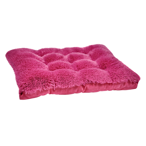 Dream Futon reversible dog bed in Cherry Blossom faux fur and Flamingo microvelvet shown with faux fur side up
