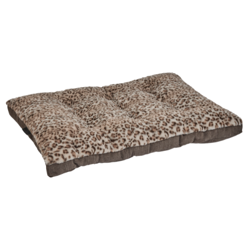 Dream Futon reversible dog bed in Leopatf faux fur and Mousse microvelvet with faux fur side up