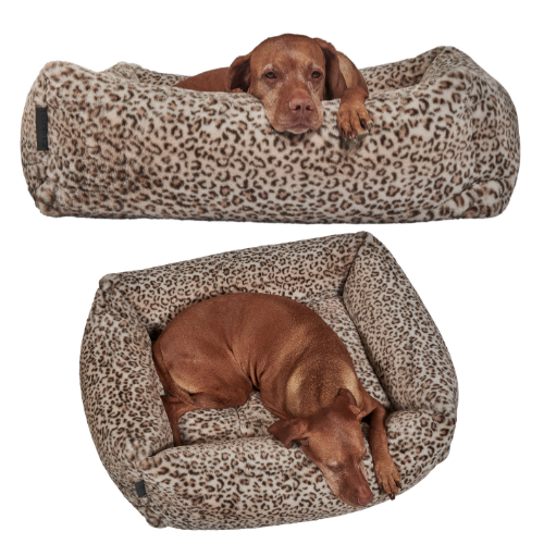 Two angles of dog curled up inside The Franklin dog bed in Leopard faux fur fabric