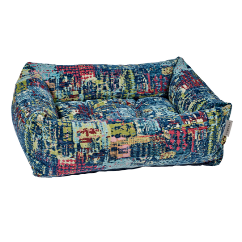 Modern Franklin Lounge Dog Bed by Bowsers in multicolored Mardi Gras performance boucle fabric