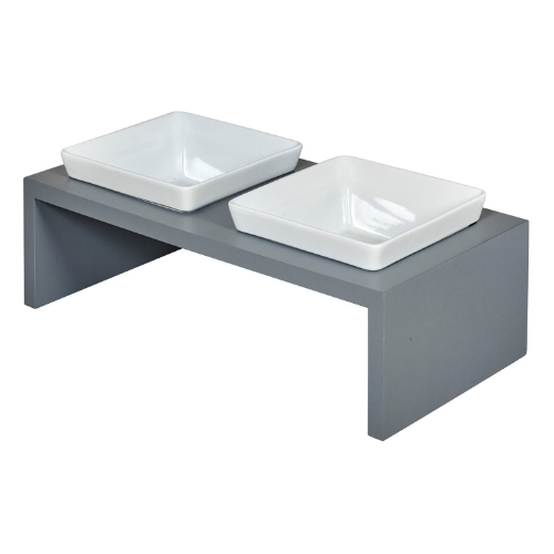 Moderno Rubberwood Double Elevated Dog Bowl Feeder — Grey