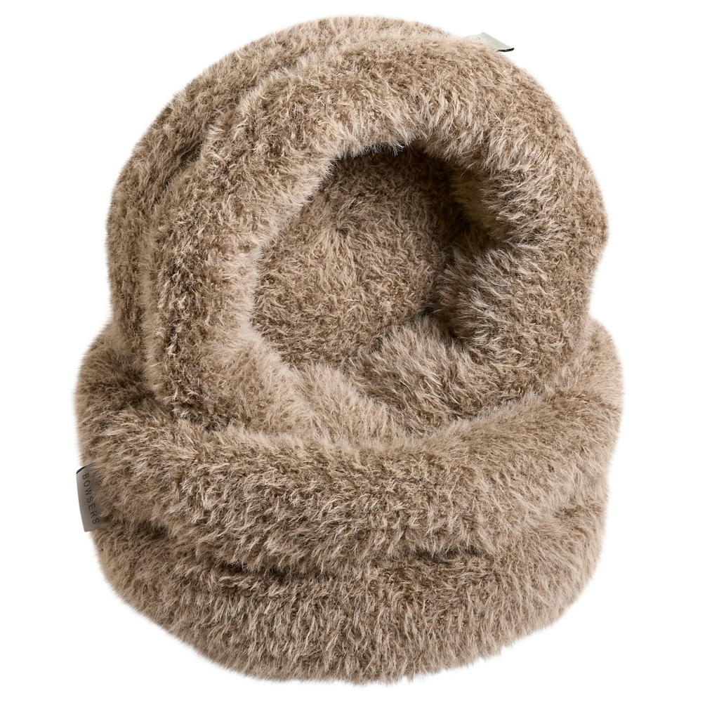 Both sizes of Bowsers Muffy Nesting Dog Bed in Alpaca taupe faux fur