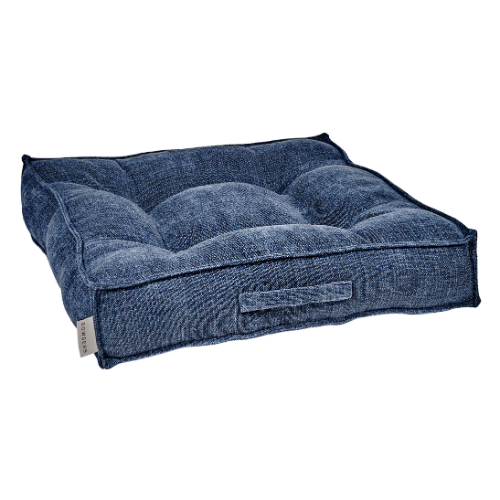 Piazza Bolstered Dog Bed by Bowsers – Modern Square Design in Washed Cotton indigo Blue Fabric