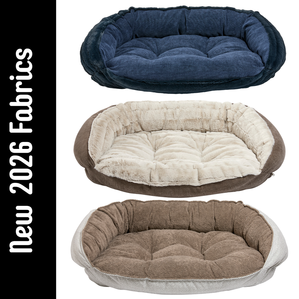 Bowsers Crescent Bed new 2026 fabrics Majestic Navy Rain and Mocha options faux fur and performance terry