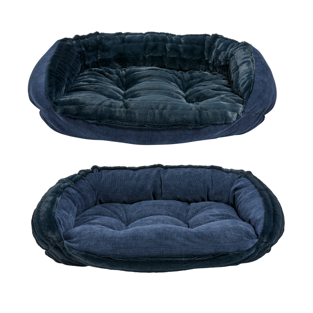 Bowsers Crescent Dog Bed in Majestic Navy faux fur – easy entry bolster bed for small to large dogs M-XXL