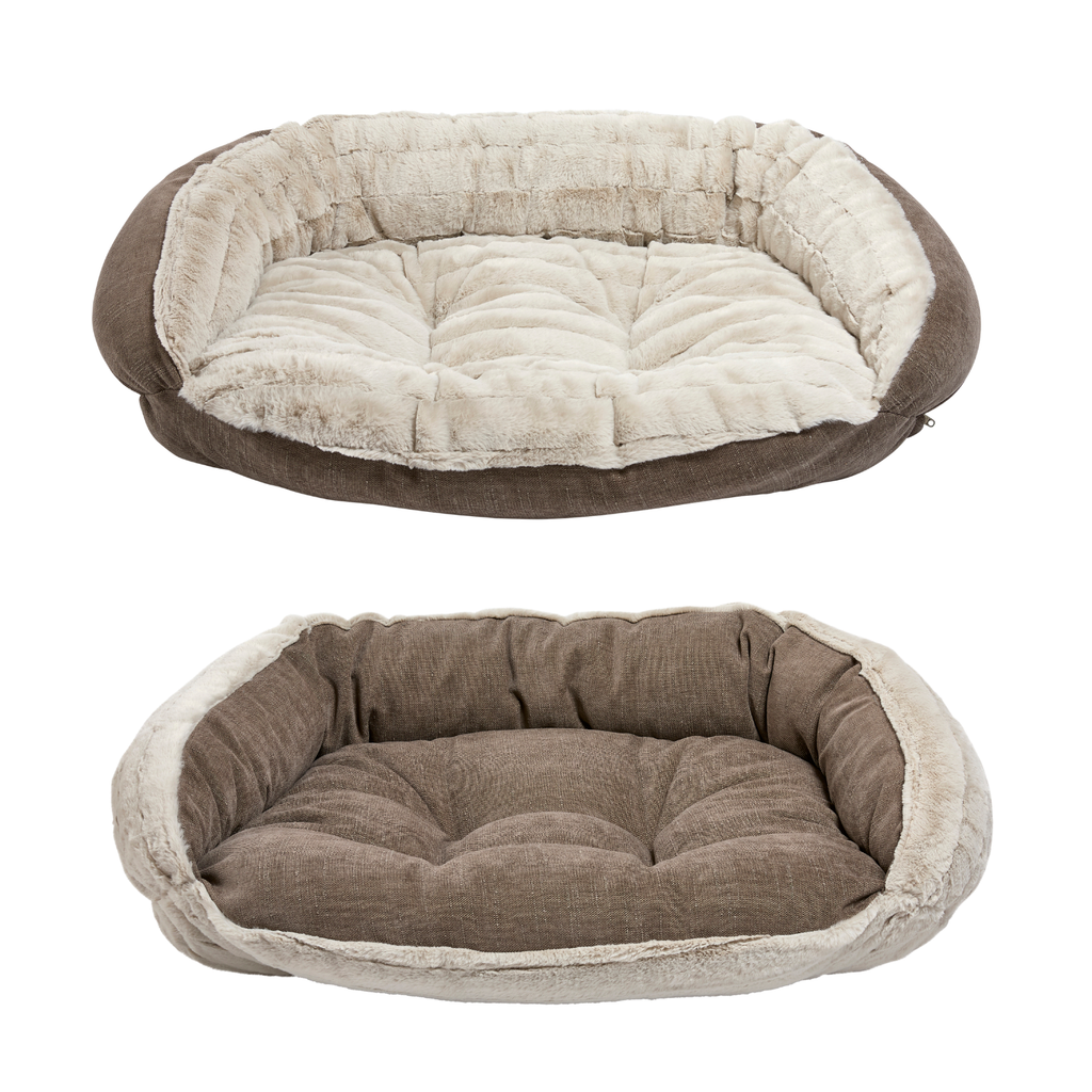 Bowsers Crescent Dog Bed in Rain cream faux fur – soft plush bolster bed with easy entry front