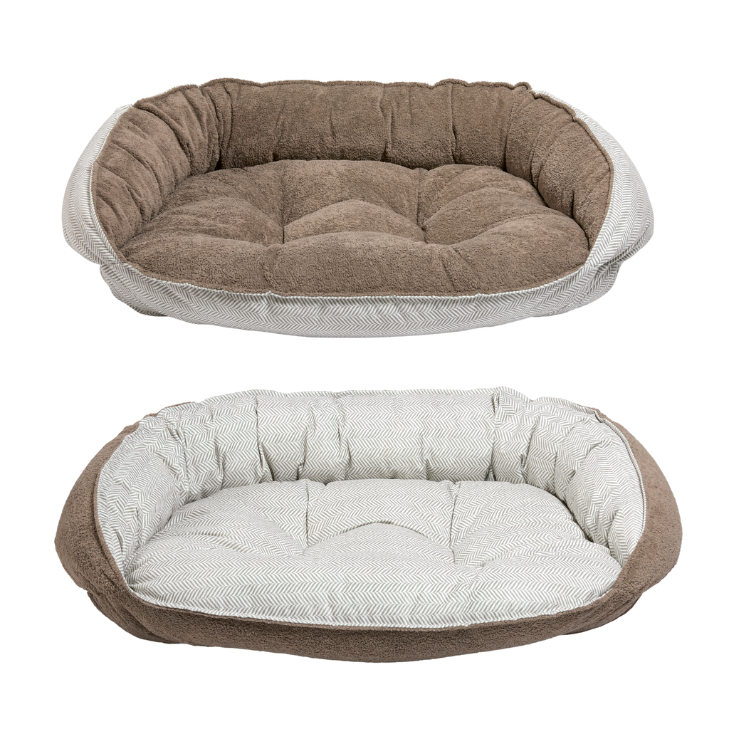 Bowsers Crescent Dog Bed in Mocha performance terry – durable textured bolster bed with removable cover