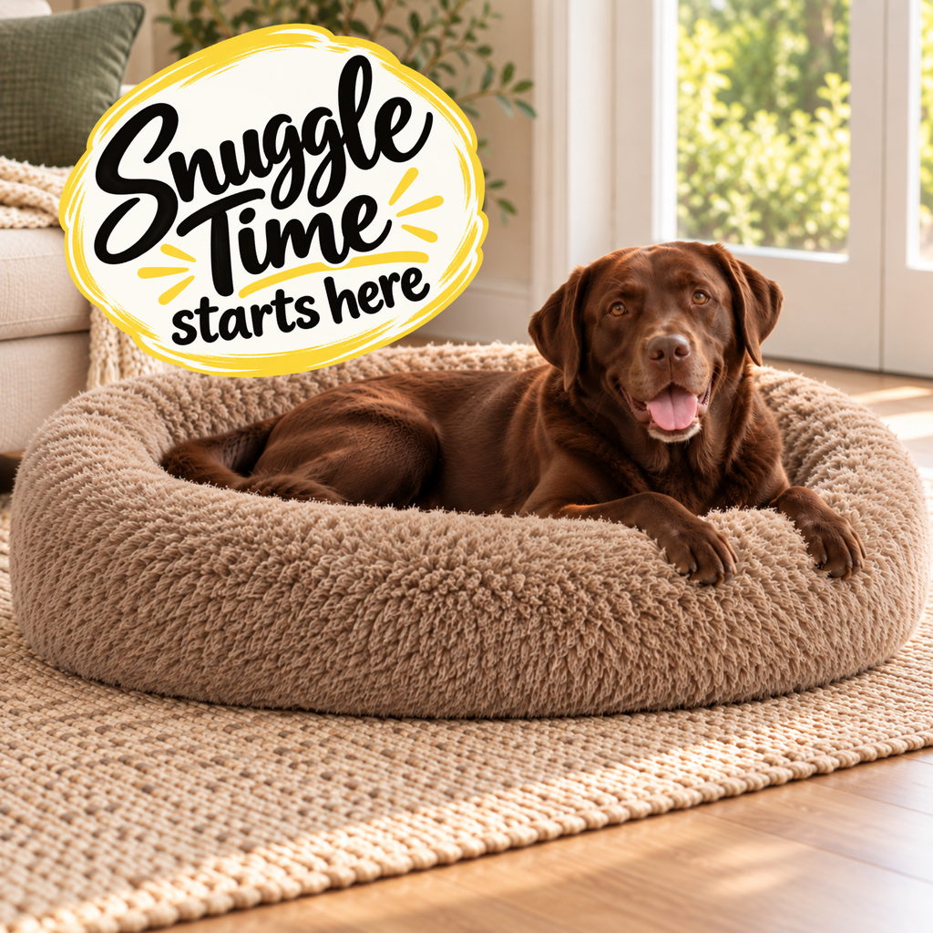 Chocolate lab relaxing in a Bowsers Donut dog bed in Alpaca faux fur
