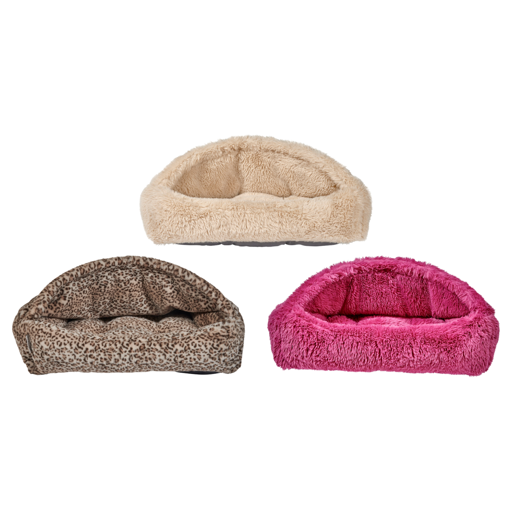 Bowsers Canopy Cozy  burrow dog bed in Fluffernutter, Leopard and Cherry Blossom faux fur