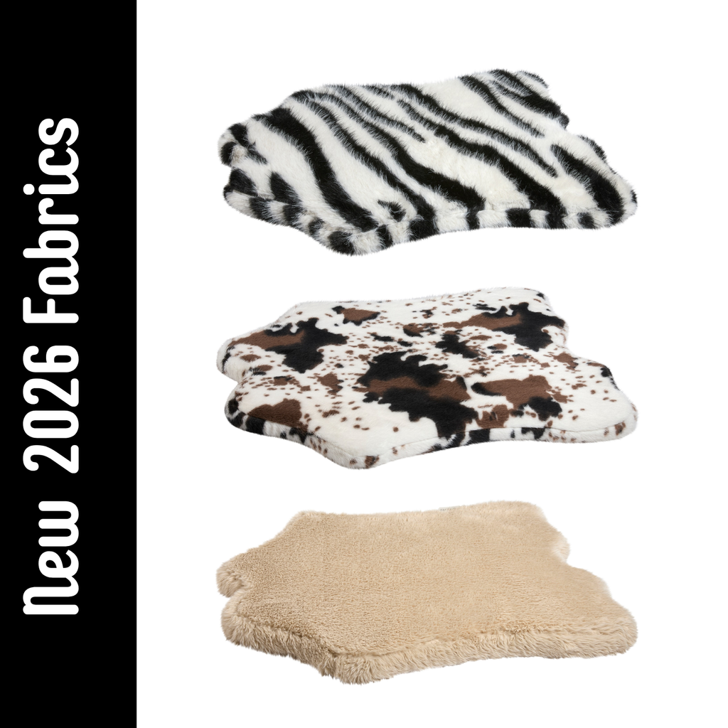 Bowsers Maverick Rugbed orthopedic dog bed in Fluffernutter, Longhorn and White Bengal faux fur