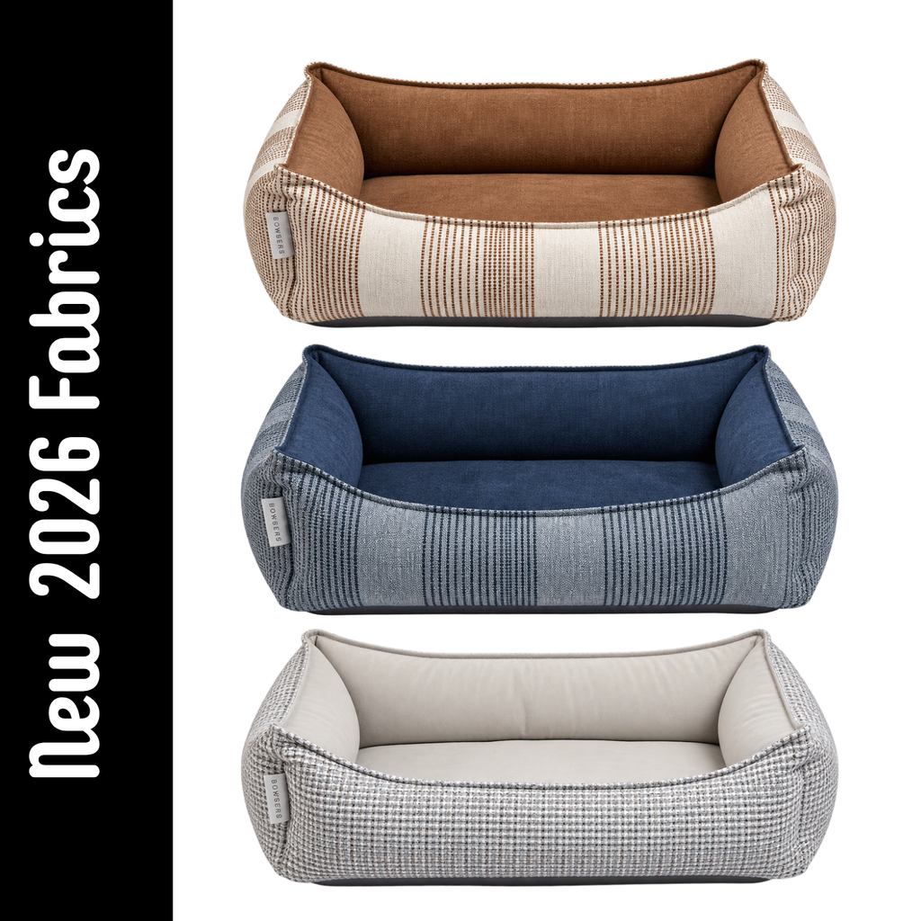 Bowsers Oslo Prtho bolstered dog bed in three new designer fabric options: Seashell, Coastal Blue and Arctica 