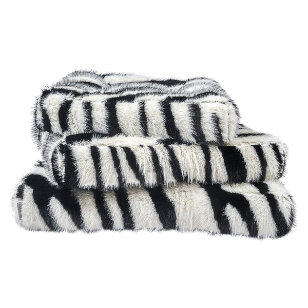 Bowsers Piazza dog bed stacked in all three sizes in White Bengal faux fur fabric