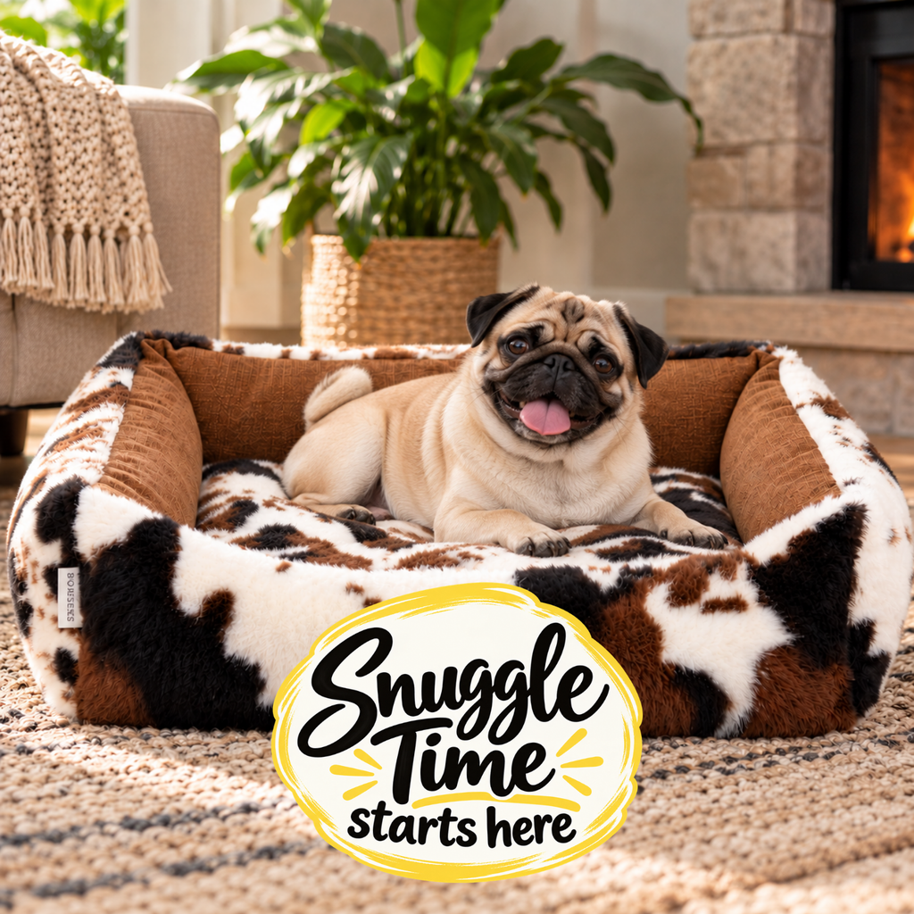 Pug relaxing in a Bowsers Scoop dog bed in Longhorn faux fur